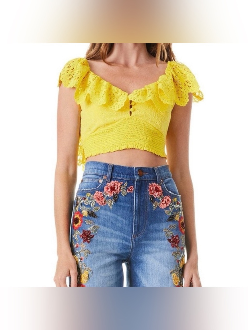 Alice + Olivia Bleeker Ruffled Lace Crop Top Sunbeam Yellow Smocked Size Small